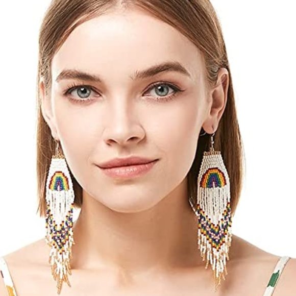 Long 5.5" Rainbow Multicolor & White Earrings Colorful Beaded Oversized Bohemian - Picture 2 of 8